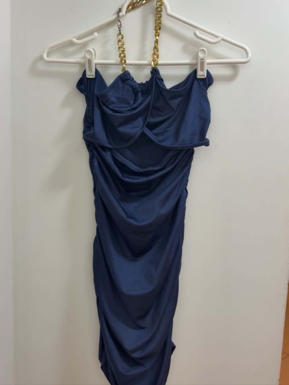 Shein Navy Blue Slip-on, Gold Chain Halter Dress, Ruched Bodycon, M